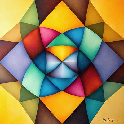 The primary subject of the image is a colorful geometric pattern, which is displayed on a yellow background. The pattern consists of various shapes and colors, creating a visually appealing and vibrant scene. The setting appears to be a painting or a digital artwork, showcasing the artist's creativity and skill in designing intricate patterns. The overall atmosphere of the image is lively and engaging, with the bright colors and intricate patterns capturing the viewer's attention.